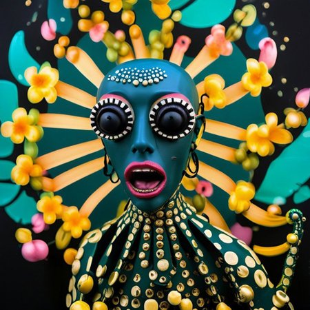 An award winning photograph, a sexy half-watermelon half-octopus deep throating a banana, aboard a futuristic tropical interstellar space craft, 1960s Brazilian Tropicalia science fiction B-movie,