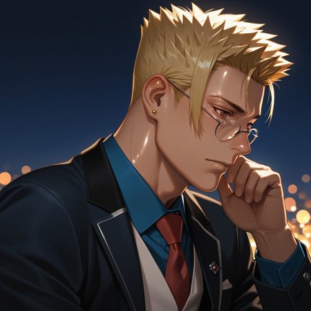 masterpiece, best quality, amazing quality, absurdres, newest, detailed background, definition so sharp, Ultra-HD, 8K cinematic, very awa, impressionate, amazing quality, highres, 
solo, male focus, manly, shadow, shiny skin, mature male, extream close-up, soft coloring,
kibasameoka, kiba_blonde, kiba_brown eyes, 1boy, short hair, spiked hair, glasses, earrings, blue blazer, blue collared shirt, red tie, white vest, bokeh, night, serene,