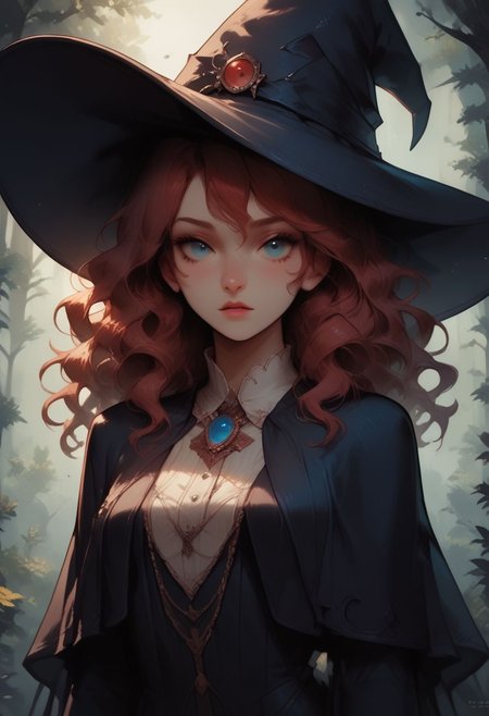 score_9, score_8_up, score_7_up, detailed, 1girl, Ianmae, blue eyes, medium hair, witch hat, black robes, long sleeves, long gloves, forest, volumetric lighting