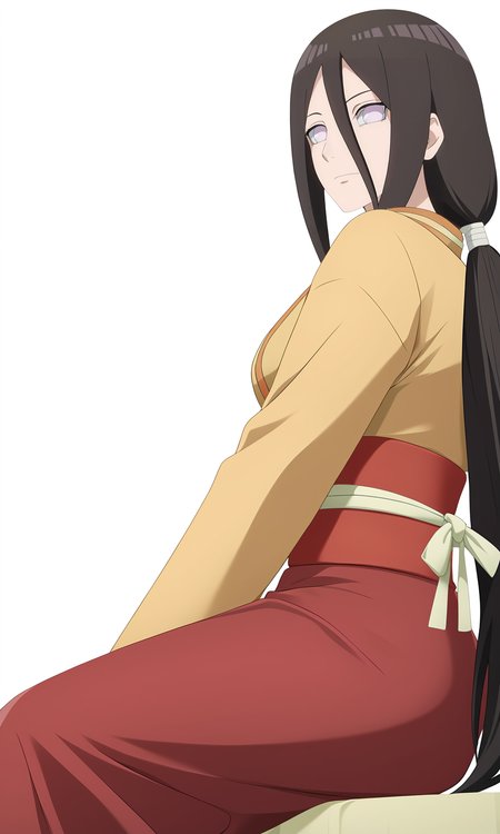 game cg,
hanabihyuuga, 1girl, solo, looking at viewer, no pupils,
low ponytail, long hair,
kimono, ribbon, long skirt, red obi, red skirt, frilled,
from below,  sitting, from side,
white background,simple background,
<lora:Naruto_HanabiHyuuga_PXL-000015:1>