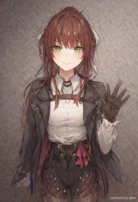score_9, score_7_up, <lora:kakao_(chocolate_land)-Style-PonyXL-DoRA-000044:1>, ddlcmonika, blunt bangs, brown hair, green eyes, long hair, ponytail, ribbon, white ribbon, hair ribbon, sidelocks, black jacket, gloves, high-waist shorts, jacket, pantyhose, pantyhose under shorts, shirt, shorts, white shirt, bright smile, cute, blush, half body, background, simple background, 1hand, 1hand waving, looking at viewer,