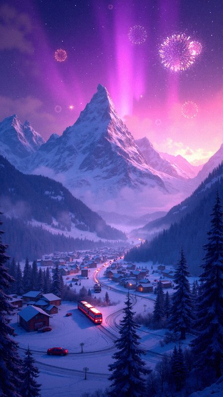 Purple aurora above the white snow mountains, cars, trains, people, houses, villages, sheds, snow mountains, rivers, snowstorms, fireworks in the world, starry sky, colorful stars flashing, Unreal engine, 4K HD 8K 