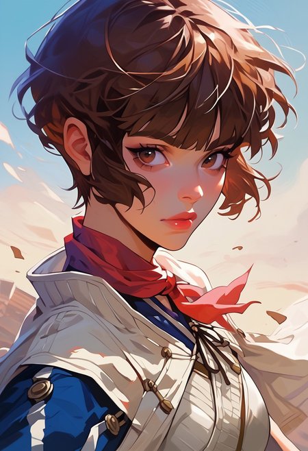 score_9, score_8_up, score_7_up, y0tt4, 1girl, solo,  
  isabeausmtiv, brown hair, short hair, blunt bangs, neckerchief, cape, dress,