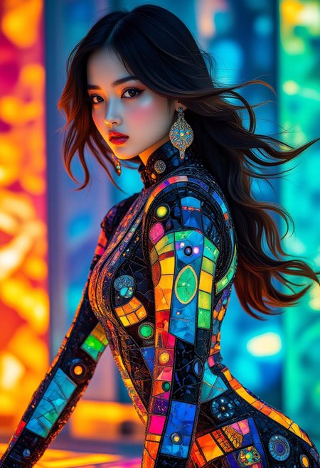 High fashion photography, a supermodel, beautiful face and eyes, TacExoGear, Exosuit, tactical gear, but subtle cybernetic enhancements that do not cover the face, A glamorous model in a futuristic rendition of traditional Chinese qipao, designed with a sleek, form-fitting silhouette and futuristic metallic fabrics. The outfit features intricate embroidery in neon threads, glowing subtly as the light reflects off the surface, leaning forward pose, Candid Emotions, from behind, looking back, straight-on, (dutch angle:0),cowboyshot, wind, floating hair, Direct Eye Contact,  <lora:RM_TacExoGear_v0.2:0.5>, midjourney_whisper_avant_couture, <lora:midjourney_whisper_avant_couture_v01:1.2>, cs-cr1stal, <lora:Crystality_Flux:0.35>, <lora:midjourney_whisper_chromaplex_v1:0.45>,  <lora:Midjourney_Whisper_AgateX_v1_epoch_20:0.45>,