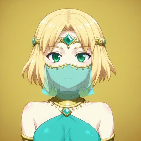mana_sk style, portrait, focus on face, a resolute desert warrior girl with short, windswept sandy-blonde hair and piercing green eyes, wearing a veil partially covering her face and a decorative metallic circlet with turquoise gemstones, faint outlines of desert dunes in the golden background, Japanese RPG style, adventurous and regal atmosphere, intricate details on her circlet and veil