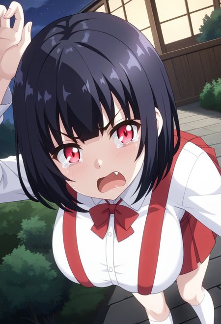 score_9,score_8_up,score_7_up,score_6_up, source_anime, BREAK, 
Hiraki Hanako, solo, (huge breasts), pale skin, short hair, black hair, bangs, glowing eyes, red eyes, fangs, school uniform, collared shirt, white shirt, long sleeves, high-waist skirt, suspenders, red skirt, mini skirt, white socks, loafers, 
open mouth, angry, frown, (tears:1.2), (tear drops), 
looking at viewer, (face shot), (dynamic angle), crows pose, five fingers, leaning forward, 
outdoors, (at night:1.3),