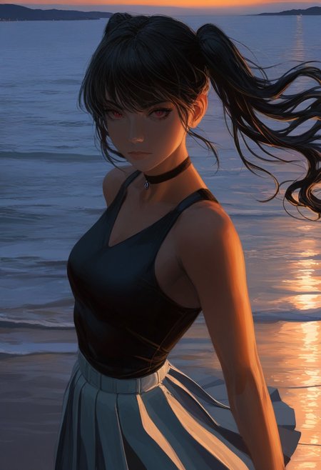absurdres, gwzs, detailed drawing, masterpiece, best quality, ultra-detailed, high-resolution, 1girl, solo, black hair, red eyes, twin tails, wavy hair, choker, sleeveless black top, white pleated skirt, looking at viewer, sunset lighting, backlight, rim lighting, warm color palette, ocean background, soft glow, cinematic angle, half body, dynamic pose, sunlight reflection, expressive face, serene atmosphere, lens flare