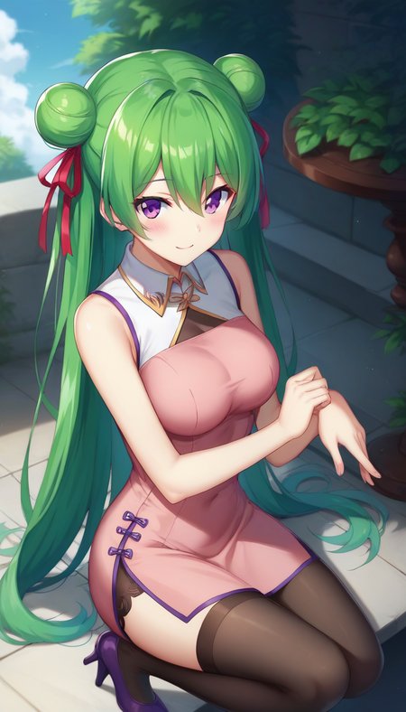 score_9,score_8_up,score_7_up,score_6_up BREAK official art,solo,outdoors,upper body,(portrait:1.5),looking at viewer,facing viewer,smile,blush,Bai Mongfa,very long hair,green hair,double bun,hair ribbon,red ribbon,hair between eyes,parted bangs,purple eyes,chinese clothes,china dress,sleeveless dress,pink dress,bare shoulders,medium breasts,black thighhighs,zettai ryouiki,high heels,purple footwear,<lora:Bai Mongfa(rf)-Pony:1.4>,