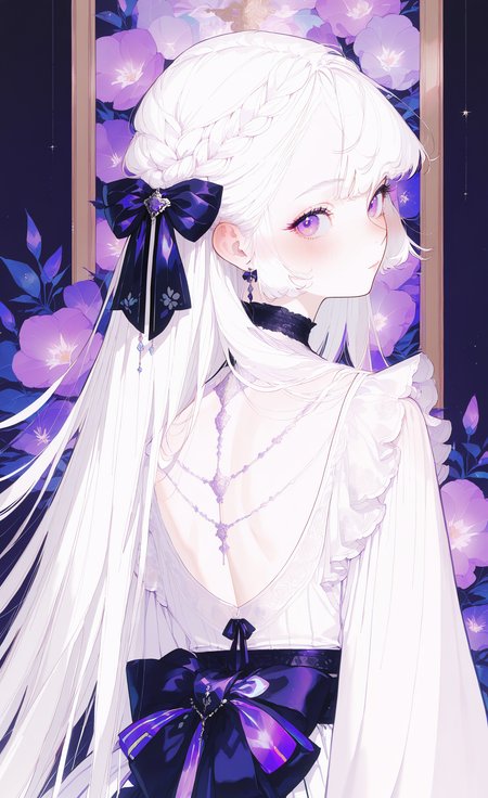 masterpiece, best quality, good quality, very aesthetic, absurdres, newest,
from_behind, from_side,
, 1girl, solo, long_hair, blush, long_sleeves, hair_ornament, dress, bow, ribbon, hair_between_eyes, closed_mouth, jewelry, very_long_hair, purple_eyes,white_hair, braid, hair_ribbon, sidelocks, hair_bow, earrings, frills, choker, looking_back, white_dress, sash, black_bow, black_choker, floral_print, purple_bow, striped_bow, purple_ribbon, back_bow,Standing, Victorian,looking_at_viewer, <lora:ponyv5_noobE11_1_adamW-000013:1> <lora:zzziGnXL_il_lokr_V531:0.7> <lora:wl-illV1-000017:1>