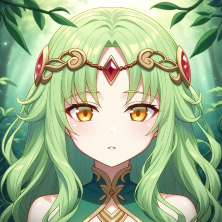 mana_sk style, portrait, focus on face, a serene nature guardian girl with long, wavy green hair adorned with small blossoms and bright amber eyes, wearing a delicate circlet made of vines and gemstones, her expression calm and protective, faint sunlight filtering through dense forest leaves in the background, Japanese RPG style, natural and mystical atmosphere, intricate details on her circlet and hair