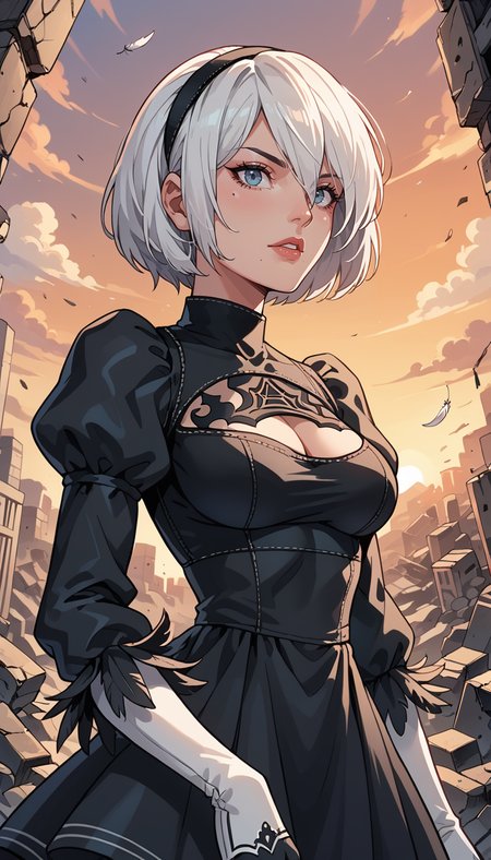 score_9, score_8_up, score_7_up, Western Comics, Portrait, yorha no. 2 type b, short white hair, black dress, hairband, clothing cutout, cleavage cutout, puffy sleeves, black hairband, feather-trimmed sleeves, juliet sleeves, mole under mouth, sunset, rubble in the background, depth of field, dynamic angle, fashion photography, sharp, hyperdetailed:1.15