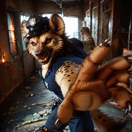 score_9, score_8_up, score_7_up, score_6_up, pov, source_furry, (furry, female, curvy, claws, paws, fangs, detailed fur, brown fur, brown hair, hyena_female, anthro, mature female, muscles, standing, police uniform, police hat, short sleeves, strong, holding viewer, punching viewer, angry), very sharp, very detailed, low light, darkness, night, abandoned building, dim lighting, d4rkv1b3, Abandoned Hospital, blurry background, pov, incoming punch, perfecteyes