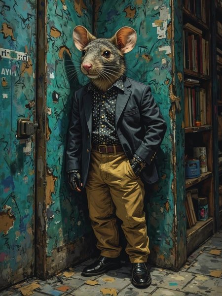 <lora:ck-Ivan-Beslic-Art-Style-000019.safetensors:1> A highly detailed and vibrant digital painting in the style of ck-ib
An elegantly styled anthropomorphic rat stands confidently against a weathered turquoise wall, dressed in tan pants, a polka-dot button-down shirt, and black leather gloves. Soft lighting adds a dreamy, timeless appeal to the scene, set in a dimly lit alleyway with a peeling paint-covered wall and a scent of old books and forgotten memories.