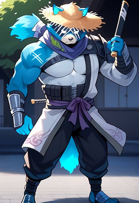 score_9, score_8_up, score_7_up, 8k, masterpiece, solo,   <lora:HajimePony-000005>, Hajime_(Fortnite), blue fur, ghost form, no pupils, armor, gauntlet, japanese armor,purple japanese clothes, hadanugi dousa, purple neckerchief, bara, black pants, straw hat, holding weapon, katana, attack stance, glowing,  outside,