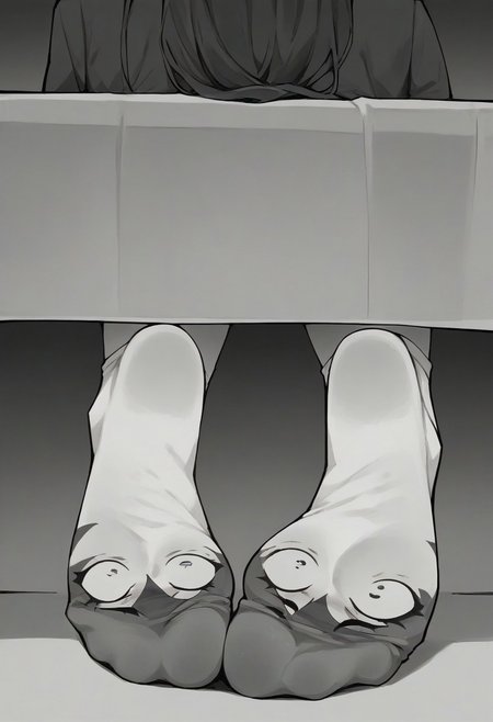 score_9, score_8_up, score_7_up, score_6_up, m4ng4, manga, monochrome, greyscale, (long hair:1.2), 1girl, comic, <lora:m4ng4XLP:1>, two panels, 2 panels, horizontal panels, black hair, tired, computer, sole showing, living socks, soxks have detailed eyes on soles, (((first panel, 1st panel - girl face focus, side view,))), (((second panel, 2d panel - showing legs, feet, socks, under table, foot focus, back view,)))