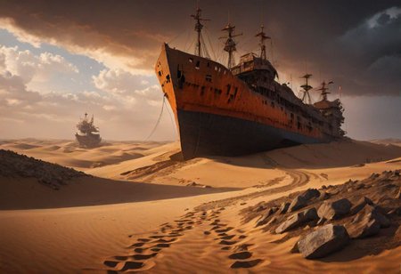 post apocalypse, doom,  broken city in the back covered by dunes and sand, desert, dunes, broken bridge, broken bridge covered by sand, broken rusty ship,  orange light, dramatic, cinematic lightning, UHD, 8k, realistic, cinematic photo, rocks and gravel, dark clouds,