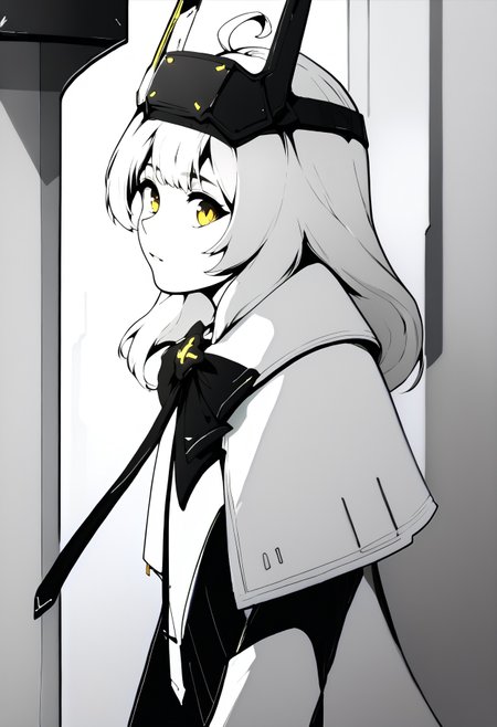 monochrome,
looking at viewer, from side, futuristic city, 
swpre, white hair, long hair, ahoge, yellow eyes, headgear, bow, necktie, white capelet, black dress, long sleeves, suspenders
score_9,score_8_up,score_7_up, 
 <lora:Potat_dark_ink_v1_monochrome-RS24:1><lora:snowwhite-nikke-richy-v1_pdxl:1>