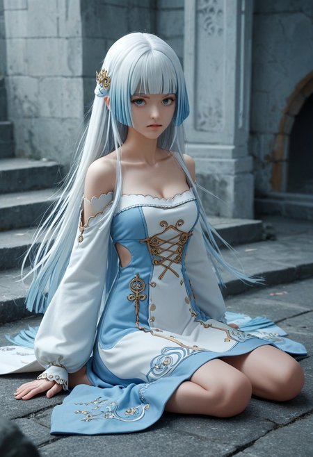 <lora:XilingJiyuan:1>,  score_9, score_8_up, score_7_up, score_6_up, score_5_up, score_4_up, source_anime,  , dynamic pose,  Pandora, long hair, blue eyes, dress, blue hair, collarbone, white hair, medium breasts, blunt bangs, clothing cutout, cleavage cutout, hime cut,off shoulders, things, no shoes