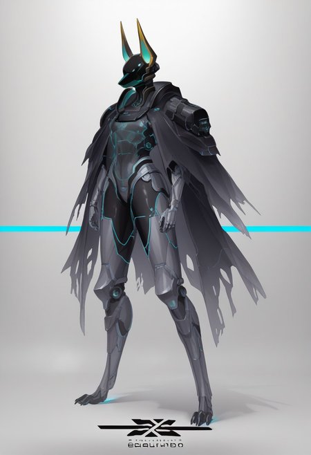 female(((jackal Anubis robot)))(stunning, magnificent, HD, photorealistic, dramatic lighting, intricate details, armor beautiful patterns, realistic , mythical, legendary, powerful, cinematic,, masterpiece, perfect anatomy, perfect composition, perfect hand, (beautiful detailed eyes:1.2), (soft colors)) , glowing blue core on armor, armor highly detailed patterns on armor), torn cloak , full body fits into the image, full body visible, ), claws, gauntlet, igital illustration of a futuristic, armored humanoid figure. The subject is dressed in a highly detailed, dark, and bulky exosuit with intricate mechanical components and white accents. The suit features various textures and layers, including a cloak-like garment with angular, geometric shapes. The figure's head is adorned with a helmet that has two antenna-like protrusions and a visor, giving it a robotic appearance. The suit has several logos and text in white, including a prominent circular emblem on the chest and arm. The overall design is sleek and modern, with a strong emphasis on technology and advanced