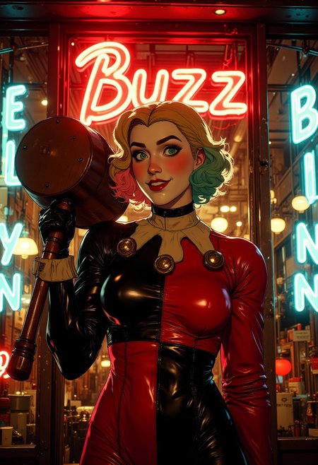 Harley Quinn standing in front of a store window, illuminated by the bright neon lights. She has short, curly blonde hair, while her left hair section is colored cyan and her right hair section is colored pink. She is wearing a shiny, classic Harley Quin red and black costume. Her pose is relaxed yet confident. Her facial expression is serene and slightly dreamy, with a burst out hilarious laughter. Her left eye is winking, and mouth are open in a very big, creepy insane laugh. She is standing with her body slightly angled towards the camera, creating a dynamic and engaging pose.  Her right hand is holding a large classic giant wooden mallet with an intimidating stance. The heavy head of mallet resting against her left shoulder, creating a diagonal line across her upper body. This posture adds a sense of natural grace and ease to the image. The camera is positioned at eye level, capturing the subject from a frontal perspective. The framing is such that the woman is centered in the image, with the store window and neon signs providing a colorful backdrop. The background features a store window with the word "Buzz" written in neon lights. The brick wall of the building provides a textured backdrop, complementing the smooth surfaces of the neon signs. The composition is well-balanced, with the subject positioned centrally and the neon signs framing her from both sides.