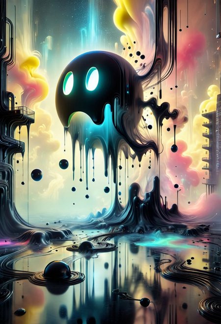 DonM5h4d0wM317XL, In a whimsically haunting scene, a digital giant Pac-Man materializes in a tilt-shift photograph. The main subject is a translucent figure with glitching pixels, floating above a miniature cityscape. The image, a digital painting, captures Pac-Man in vivid detail - ethereal wisps of code swirling around its form, glowing eyes reflecting bits of data. The high quality of the image allows for intricate details of Pac-Man's pixelated essence to shine through, creating a truly mesmerizing and otherworldly visual experience. (Masterpiece:1.2), 8K, perfect symmetry, UHD, ultra resolution, best quality, best details, best artist, sharp edges, detailed textures, full view, atmospheric lighting, visually stunning, perfect composition, trending on behance