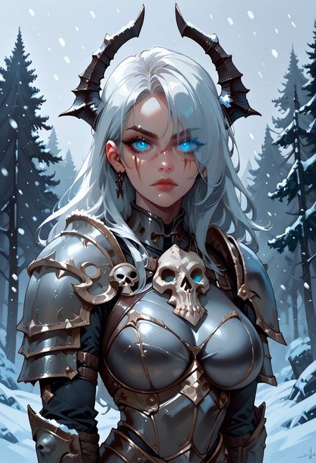 1girl, armor, scar, solo, scar on face, white hair, long hair, hair over one eye, looking at viewer, blue eyes eyes, glowing eyes, outdoors, upper body, deathknight,armored,skull,glowing eyes,snowing,skulls, armour, dark armor, skull themed armor, breastplate, large breasts, shoulder armor, tree, makeup, lip gloss, day, scar across eye, sky, , cloud, , shoulder plates, pauldrons, breasts, nature, eyelashes, scar on nose, scar on cheek, closed mouth, forest, blue sky, one eye covered
,  <lora:Ri-MIX_A_Illustriousv2-000009:1> rimixa,, looking at viewer,, , score_9, score_8_up, score_8_up,  <lora:add-detail-xl:1>,deathknight style,snowing,<lora:deathknightsyleXL_v1-step00000400:0.8>