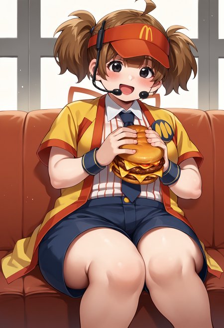 score_9, score_7_up, hd, (ultra hd quality details), source_anime, indoors,
1girl, solo, dctabemi, brown hair, short twintails, ahoge, black eyes, plump, medium breasts, 
dctabemi, brown hair, short twintails, ahoge, black eyes, visor cap, headset, jacket, open jacket, short sleeves, necktie, white shirt, striped shirt, collared shirt, blue shorts, wristband, bandaid on knees,
blush, smile, + +,  looking down, tongue out, open mouth, 
sitting, holding burger, thick thighs, 
 <lora:_dabuchi_tabemi-elesico-pony-000009:1>