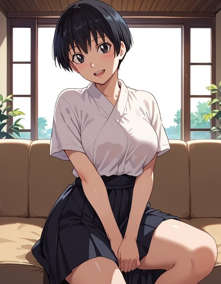 score_9, score_8_up, score_7_up, source_anime, anime screencap, anime coloring, masterpiece, best quality, uncensored, 1girl, solo, (cowboy shot:1.2), satomi manabe, short hair, large breasts, black eyes, black hair, white dougi, short sleeves, black hakama, <lora:Manabe Satomi_Hajirai Body_Pony:0.9>, (from side), leaning forward, sitting, v arms, arms  between legs,  indoors, spread legs, wide spread legs, living room, on couch, couch,  looking at viewer, (nervous smile), open mouth, blush, cute face, shiny body, shiny skin,  (skindentation:1.2), clear skin, shiny hair, ultra detailed eyes, depth of field, sharp, (intricate details, hyperdetailed:1.15)