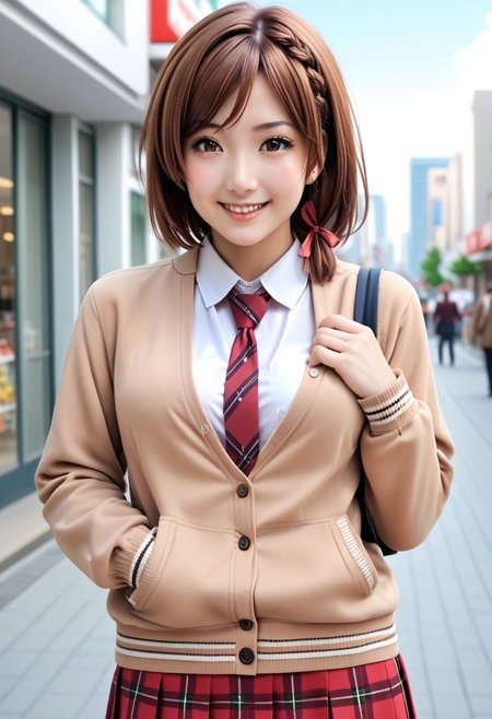 Japanese girl,  photorealistic, beautiful girl, sakuramori akane, 1girl, solo, looking at viewer, blush, smile, short hair, brown hair, shirt, long sleeves, ribbon, brown eyes, school uniform, hair ribbon, white shirt, braid, necktie, collared shirt, plaid skirt, cardigan, red necktie, side braid, one hand on chest, brown cardigan, pedestrian, cities shopping district, side view, proportional body, cowboy shot, slender body,