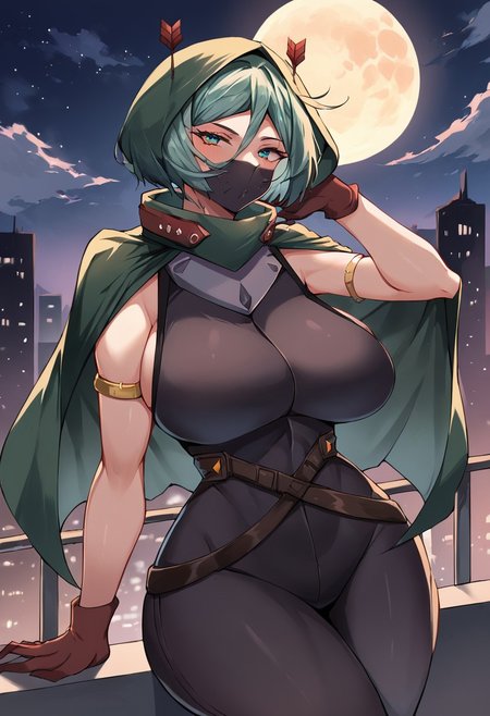 BREAK score_9, score_8_up, score_7_up, source_anime, 1girl, solo, Beros, (without a mask), huge breasts, wide hips, thick thighs, city, night, moon,
