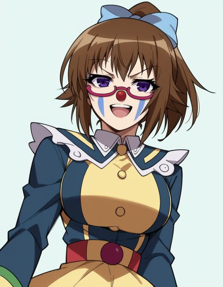 score_9, score_8_up, score_7_up, source_anime, <lora:mogana-kikaijima-s2-ponyxl-lora-nochekaiser:1>, mogana kikaijima, brown hair, purple eyes, ponytail, glasses, hair bow, blue hair bow, large breasts,, <lora:clown-ponyxl-lora-nochekaiser:1>, clown, makeup, clown nose, facepaint, gloves, long sleeves, frills, dress,, smile, open mouth, smug, , dutch angle, cowboy shot