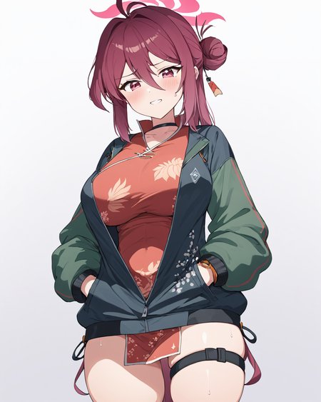 reijo \(blue archive\),1girl, solo, thigh_strap, halo, large_breasts, single_hair_bun, blush, white_background, simple_background, looking_at_viewer, ahoge, clenched_teeth, open_jacket, thighs, mole_on_thigh, long_sleeves, hand_in_pocket, bare_legs, sweatdrop, black_choker, black_jacket, phone, green_jacket, china_dress
<lora:reijo_(blue_archive)_image490_2023-12-03:1>halo. gorgeous,key visual, vibrant, studio anime,award-winning, professional, highly detailed,high budget, cinemascope