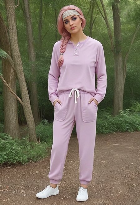 Stable_Yogis_PDXL_Positives 
<lora:train_Sweat_Suit_by_Stable_yogi_bsy_PONY:0.8>
 wearing a 99sweatsuit99 in Lavender color,   pockets, long sleeves, full body,  shoes,
beautiful face, Feathered brows makeup style, Twisted headband braid hairstyle, Rose pink hair_color, forest trail lined with ancient oak trees and hanging vines