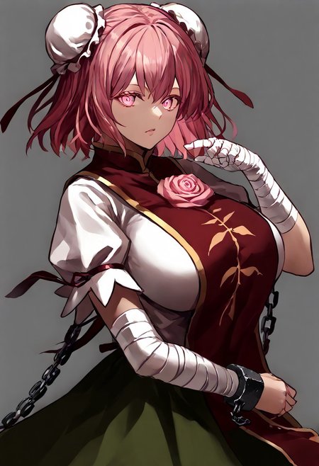 score_9, score_8_up, score_7_up, score_6_up, score_5_up, score_4_up, source_anime, solo, 1girl, 
thkasen, jewelry_pink_eyes, glossy_eyes, pink_short_hair, two_white_chignons_on_the_head, red_tabard, pink_rose, green_skirt, short_hair, huge_breasts, pink_eyes, pink_hair, cuffs, tabard, shackles, double_bun, hair_bun, flower_tabard, bandages_arm, ribbon, short_sleeves, puffy_sleeves, chinese_clothes, chain, shirt, 
masterpiece, best quality, very aesthetic, absurdres,
