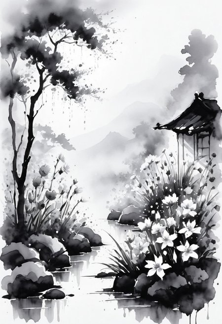 sunlight, nature, outdoors, scenery, flowers, rain
 ink-painting, ink wash,, ink wash painting,, white background,, SLPASHTER_3-7000, zavy-slhtt, black silhouette, monochrome