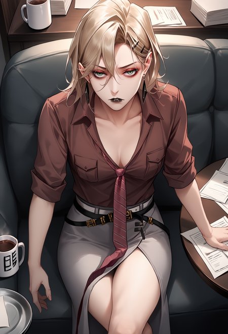 score_9, score_8_up, score_7_up <lora:langleyptn-ponyxl-beta2-10:1.0> langleyPTN BREAK 1girl, solo, brown shirt, collared shirt, collarbone, plunging neckline, downblouse, from above, breasts, sitting, chair, couch, loose necktie, red striped necktie, tie clip,  sleeves rolled up, grey pencil skirt, long skirt, side slit, belt, black belt, makeup, black lips, teeth, crossed legs, thighs, looking at viewer, expressionless, tired, parted lips, earrings, indoors, paper stack, desk, office, ashtray, green eyes, bags under eyes, (coffee mug:1.2),