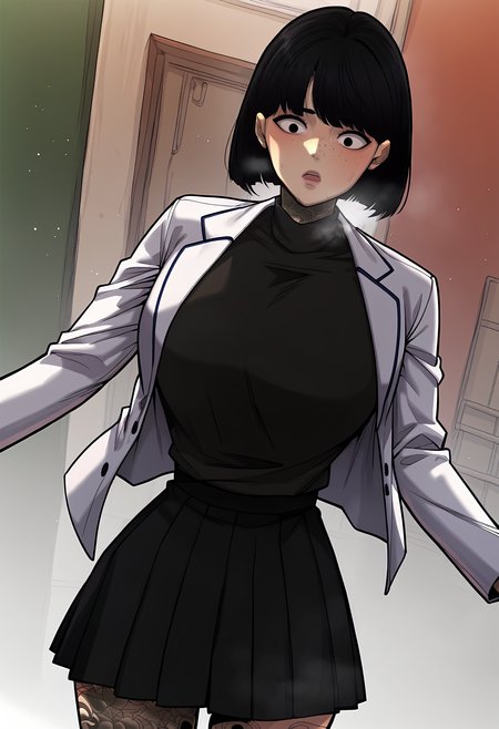 score_9, score_8_up, score_7_up, score_6_up, source_anime, rating_explicit, <lora:neg4all_bdsqlsz_V3.5:2.0>1girl, (solo:1.2), huge breasts, <lora:LeeJihyunponyxl:1> black hair, black eyes, short hair, freckles, bob cut, tattoo, neck tattoo, white jacket, turtleneck, black shirt, long sleeves, arm tattoo, pleated skirt, black skirt, leg tattoo, surprised, parted lips, Narrow shoulders, sweat, heavy breathing, steaming body, street, outdoor