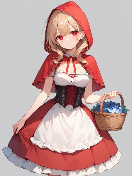 score_9, score_8_up, score_7_up,source_anime, high res image,masterpiece,best quality,girl,cute face,clear skin,shiny hair,ultra detailed eyes,simple background, <lora:Little Red Riding Hood_pony_V1.0:0.8> little red riding hood, red dress, basket, skirt, corset , frills,