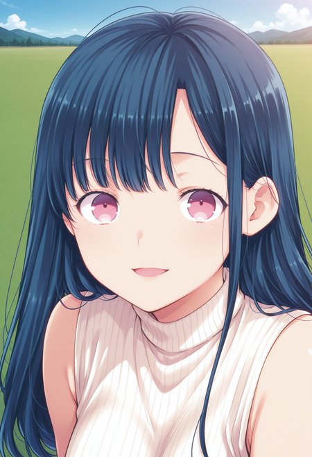 kanemochi_shori, pink eyes, purple eyes, blue hair, long hair, bangs, turtleneck, white sweater, ribbed sweater, sleeveless, <lora:kanemochi_shori_illustrious_ver1:0.8> 
smile,, masterpiece, best quality, sensitive,, 1girl, solo, blue sky, (grasslands:1.2), looking at viewer,, (upper body:1.2), (close-up:1.2), (facing viewer:1.2), (open eyes:1.4), (portrait:1.2)
