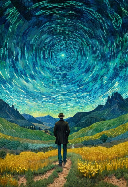 A man stands in the wilderness, blue dot light spinning, Vincent van Gogh's painting style, pointillism style, magnificent landscapes, illustrations, negative space, intagliography, art, minimalism<lora:xl_more_art-full_v1:0.5>