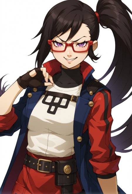 score_9, score_7_up, source_anime, BREAK <lora:zs_SMTIVPortraitsXL_2:1> smtivportraits, portrait, white background,, smug smile, 1girl, purple eyes, red-framed eyewear, black hair, red colored tips, red streaked hair, very long hair, side ponytail, tied hair, medium breasts, red colored tips, jacket on shoulders, red dress, sleeves rolled up, fingerless gloves, holster, belt, multiple belts, combat boots, pants under dress, black coat,