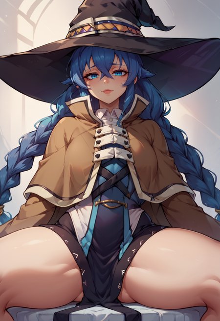score_9, score_8_up, score_7_up,   mature female, roxy migurdia, looking at viewer, twin braids, witch hat, brown cape, shirt, long sleeves, black skirt <lora:mushokutensei_roxymigurdia_ponyXL:1>legs apart <lora:mfcgXL:1>