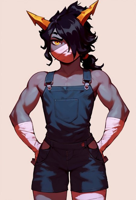 score_9, score_8_up, score_7_up, vivid colors, 1girl, Polypa Goezee, bandaged face, bandaged arms, bandaged legs, black hair, ponytail, bandaged chest, horns, yellow eyes, petite, muscular, hands on hips, looking at viewer, raised eyebrow, bandages over eye, black overalls, looking at viewer, grey colored skin, white background,