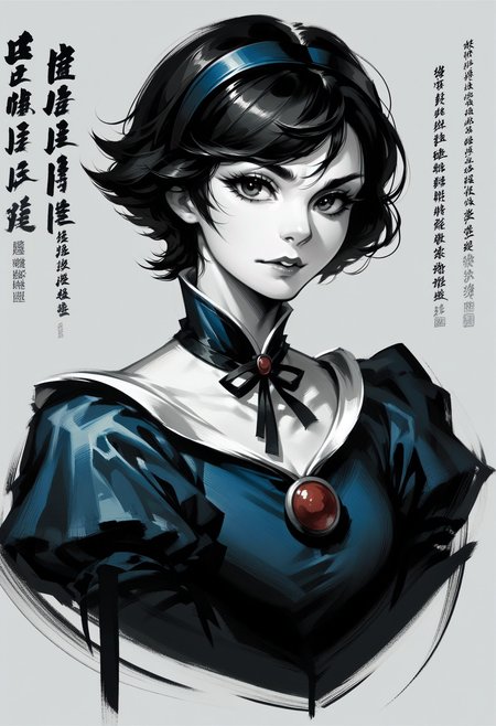 score_9, score_8_up, score_7_up, score_9, <lora:cllgrphy_pdxl_EliPot:1>,
monochrome, chinese text, 
1girl, solo,
snow white, pale skin, black hair, short hair,
