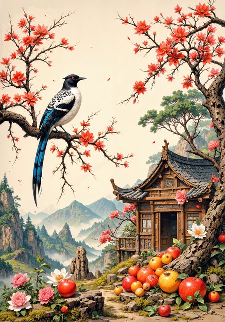 Traditional Korean minhwa folk painting featuring a playful scene with a spotted magpie perched on a blooming plum branch, symbolizing good fortune. The composition employs dancheong color palette with vibrant reds, blues, greens, and yellows against hanji paper texture background. Delicate ink-wash technique creates misty mountains in the distance, embodying the Korean aesthetic principle of yeobaek (empty space). A small hanok with curved tile roof nestles among pine trees, suggesting peaceful countryside living. The foreground displays symbolic objectsâpersimmons, pomegranates, and peaches representing abundance and immortalityâarranged in chaekgeori still-life style. Brushwork transitions between bold folk art outlines and subtle sumuk gradients, capturing both the whimsical spirit of minhwa and the refined sensibilities of court painting. Early morning sunlight casts golden hues across the scene, evoking the Korean concept of 'heung' (joyful enthusiasm). <lora:MysticFantasy:0.8> <lora:FluxFantasyDetailerV2:0.3> <lora:MoriiMee_Gothic_Niji_Style_FLUX:0.5> <lora:flux_dev:1>