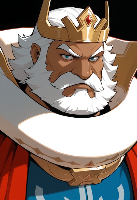 masterpiece,best quality,amazing quality, 1boy, solo, d4phn3s, human, blue shirt, collar, crown, red robe, close up, dark_skin, mustache, confident,