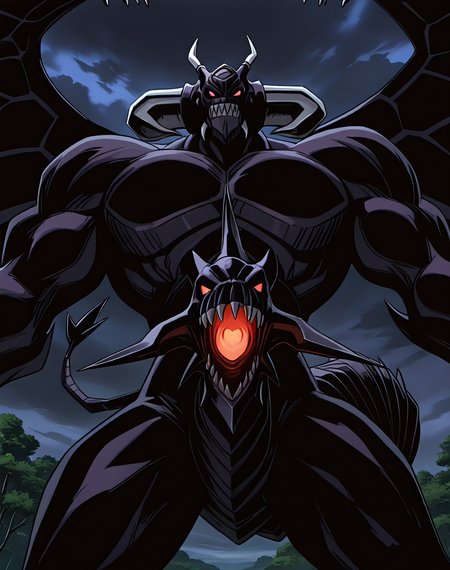 score_9, score_8_up, score_7_up,
8K, In'ei, chiaroscuro, volumetric lighting, perfect depth of field shot, beautiful, sharp focus, crisp details, masterclass animation, photographic realism, source_anime, 
<lora:Zorc_Necrophades_(Yugioh)_(Illustrious)_(AD):1.35> Zorc, Yugioh_anime, muscular,
exterior, detailed anime sky with clouds, dark clouds, 
dynamic action, bent leg, nature, cowboy shot, intimidating, end boss, glossy body, red eyes, 
BREAK zPDXL, Smooth Quality, IllusP0s,