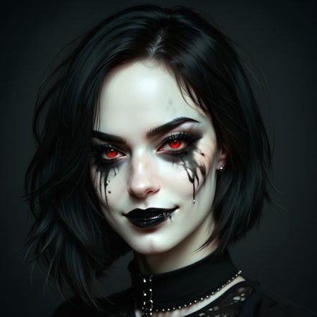 portrait of girl, white and black hair, bob haircut, black background, gothic makeup, ruined makeup, smudged makeup, with fangs visible, dark makeup, long eyelashes, high contrast, vibrant color palette, red eyes, black clothes, detailed face, sharp details, realistic digital painting, pale skin, dirty, smirking