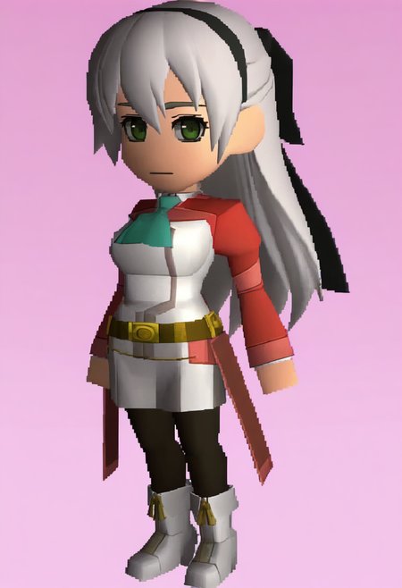 masterpiece, best quality, solo, 1girl, looking at viewer,  <lora:FF7-Chibi-illus_Fp:1>, full body, simple background, 3d, <lora:elie-illu-nvwls-v1:1>, zrelie, grey hair, long hair, half updo, green eyes, black hairband, hair ribbon, white and red uniform, white dress, aqua ascot, brown belt, black pantyhose, white boots, chibi,