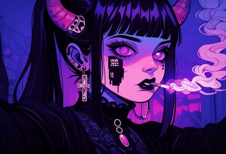 score_9, score_8_up, score_7_up, score_6_up,1girl
hinata hyuga,  black hair, long hair, fringe cut, ponytail hairstyle, purple eyes, soni horn, link horns,
pastel paint, vamp style, taking a selfie, detailed, near to the sea, up a bridge, goth clothes, goth dress, cross earrings, fangs, jewel eyes,cold tones,
goth core, vamp goth, goth style, black dress, lollita dress, smoking a cigarette, cigarette in mouth, melting, vapor, smoke, glitch, horror (theme), glowing, zPDXL2, smoke from eyes, red smoke, horror in the smoke, evil faces, horror,
 standing,  detailed eyes, beautyfull face, 
outdoor,